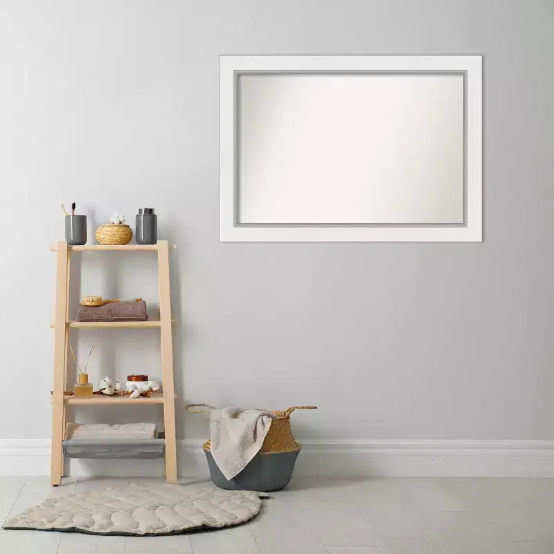 42" x 30" Eva White Wall Mirror for Bathroom, Silver Frame - Amanti Art: Includes Mounting Hardware
