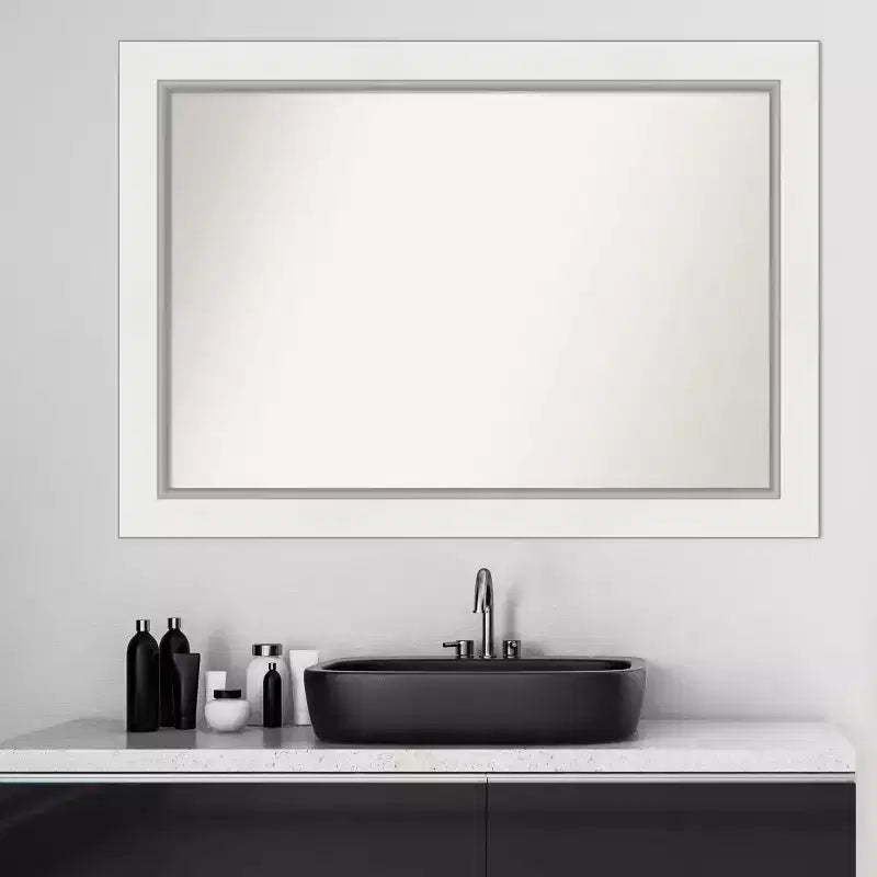42" x 30" Eva White Wall Mirror for Bathroom, Silver Frame - Amanti Art: Includes Mounting Hardware