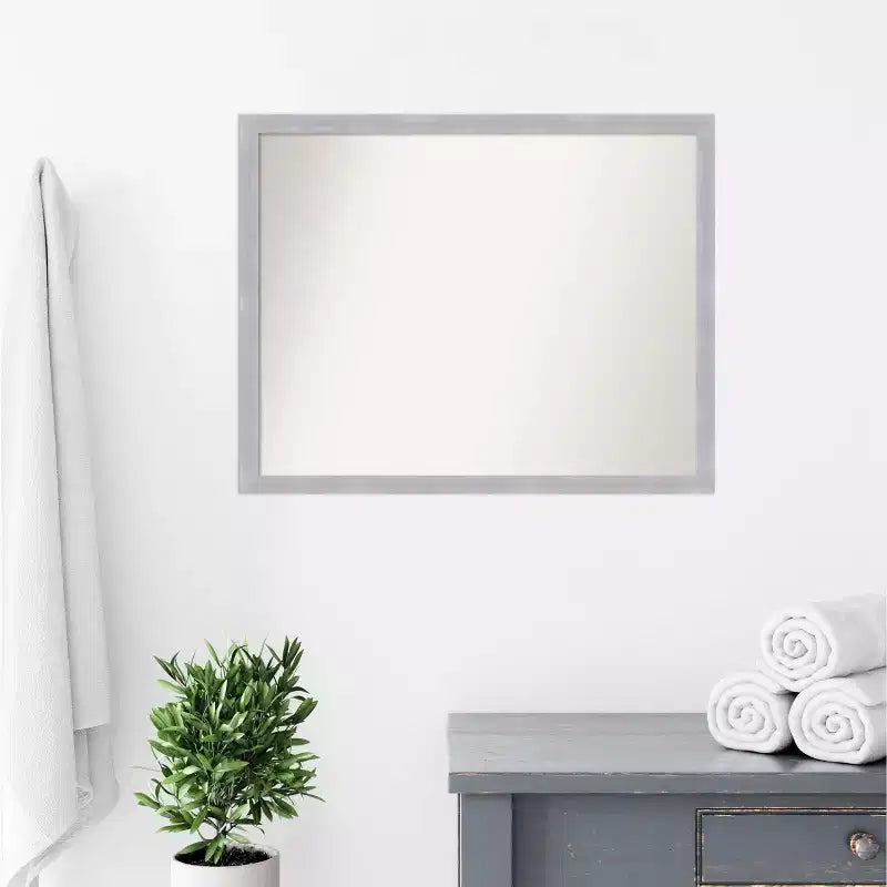 30" x 24" Non-Beveled Grace Narrow Bathroom Wall Mirror Brushed Nickel - Amanti Art: Polystyrene Frame, Wall Mount