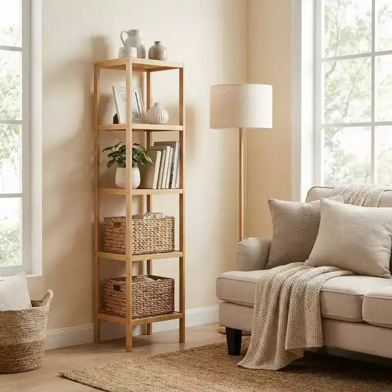 5-Tier Bamboo Shelf, Narrow Plant Stand with Slatted Shelves, Natural Wood for Bathroom, Kitchen, Living Room