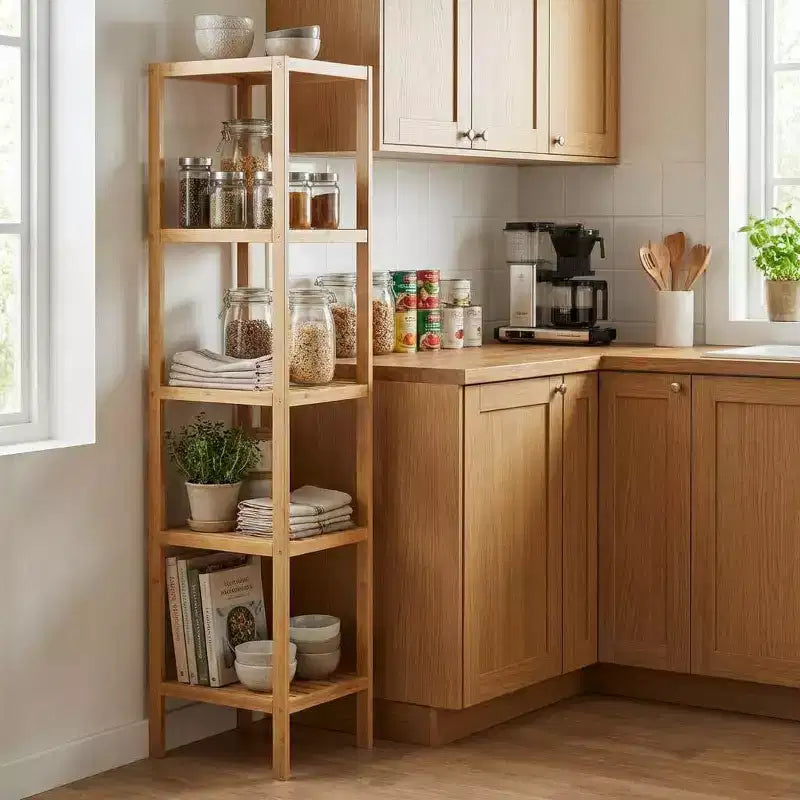 5-Tier Bamboo Shelf, Narrow Plant Stand with Slatted Shelves, Natural Wood for Bathroom, Kitchen, Living Room