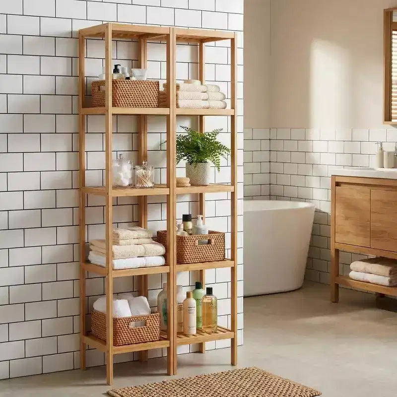 5-Tier Bamboo Shelf, Narrow Plant Stand with Slatted Shelves, Natural Wood for Bathroom, Kitchen, Living Room