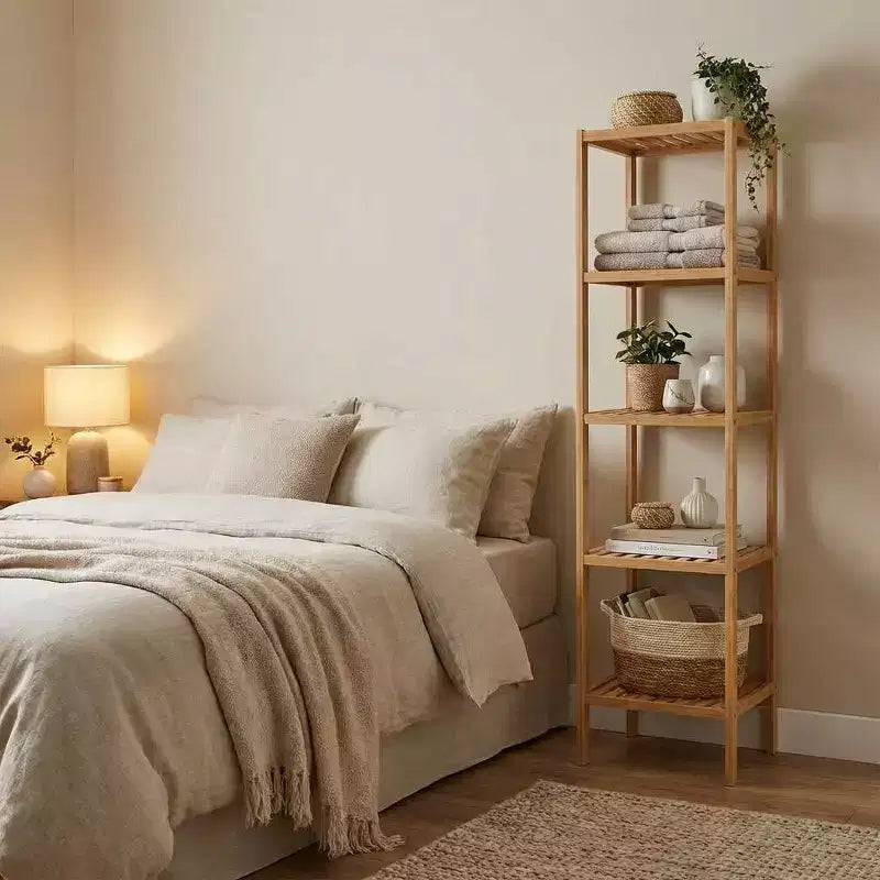 5-Tier Bamboo Shelf, Narrow Plant Stand with Slatted Shelves, Natural Wood for Bathroom, Kitchen, Living Room