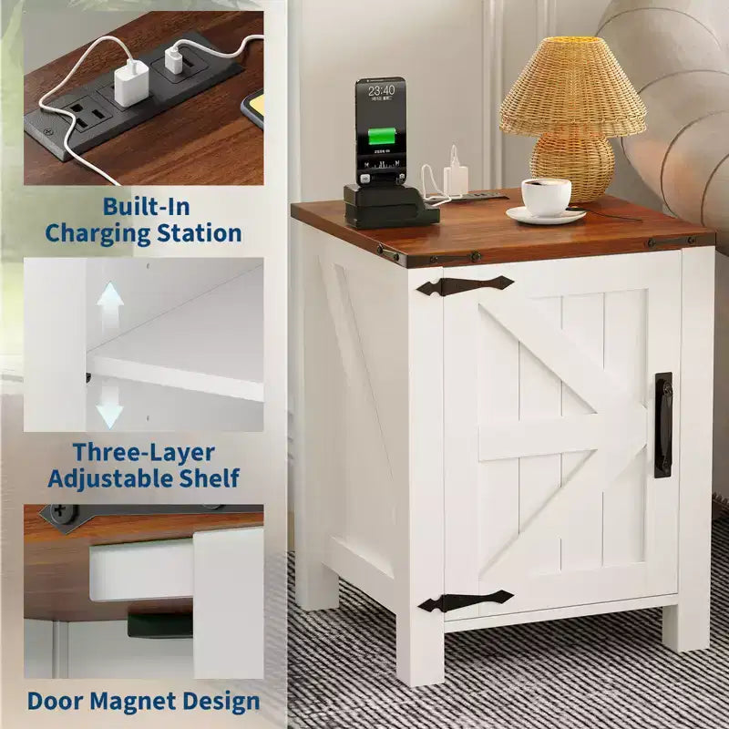 Rustic Dark Brown Bedside Table with USB Charging Station, 18'' Spacious Tabletop, Sliding Barn Door, Adjustable Shelf, Bedside End Table