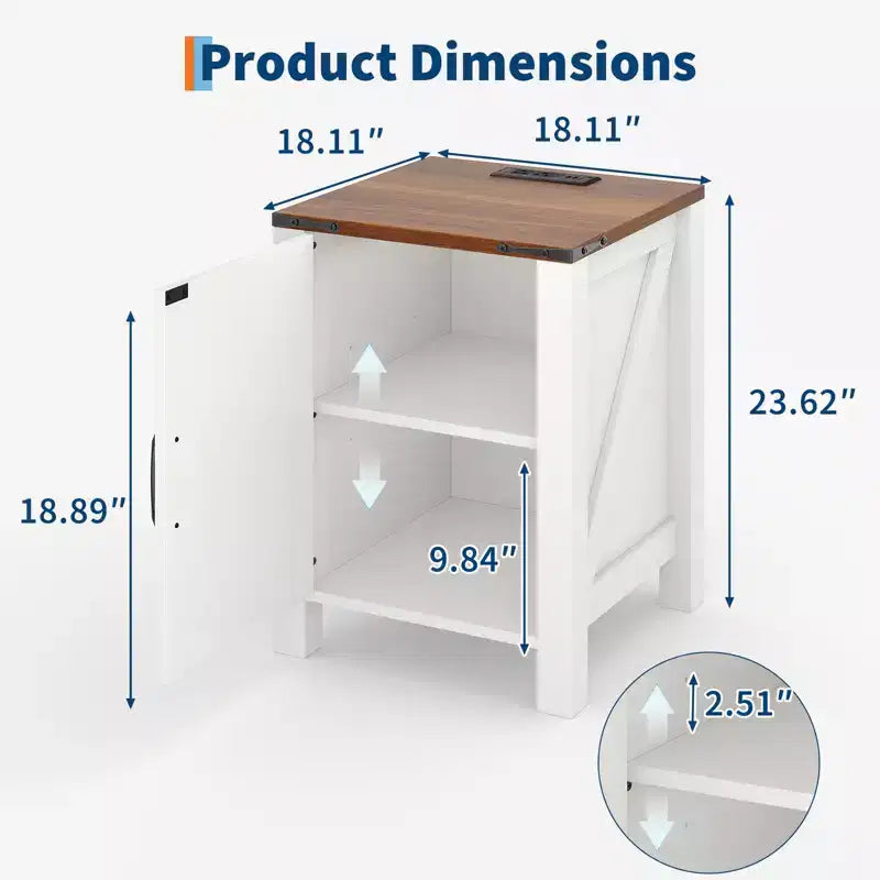 Rustic Dark Brown Bedside Table with USB Charging Station, 18'' Spacious Tabletop, Sliding Barn Door, Adjustable Shelf, Bedside End Table