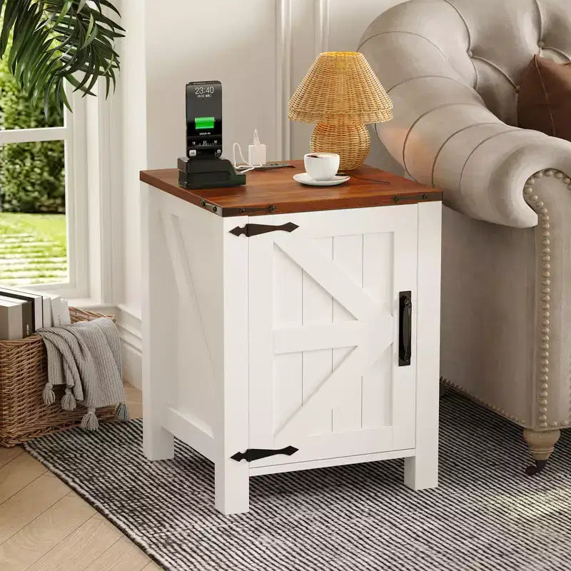 Rustic Dark Brown Bedside Table with USB Charging Station, 18'' Spacious Tabletop, Sliding Barn Door, Adjustable Shelf, Bedside End Table