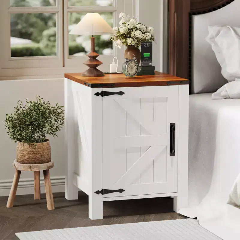Rustic Dark Brown Bedside Table with USB Charging Station, 18'' Spacious Tabletop, Sliding Barn Door, Adjustable Shelf, Bedside End Table
