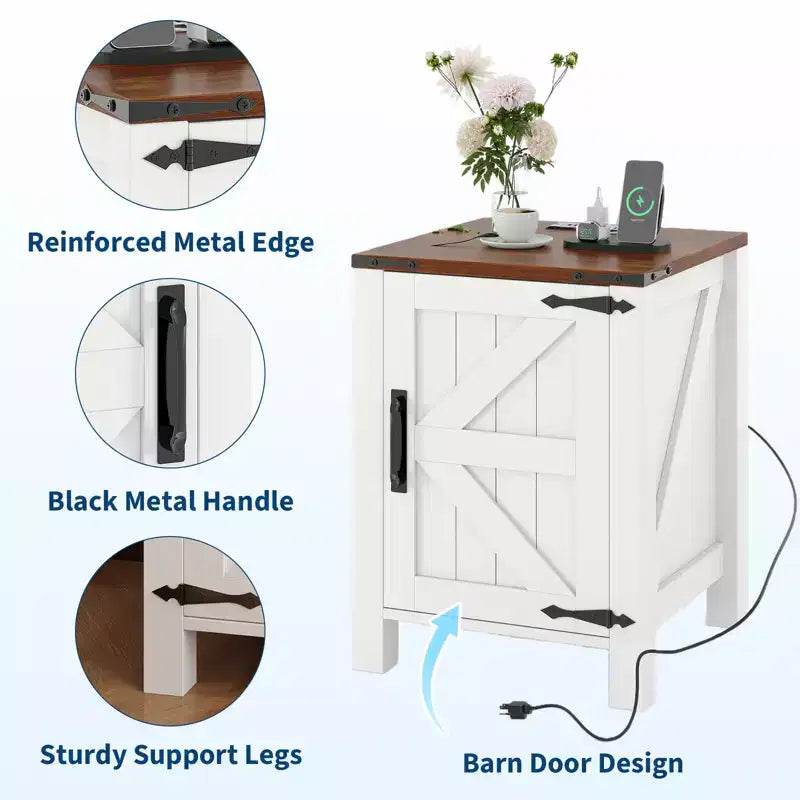 Rustic Dark Brown Bedside Table with USB Charging Station, 18'' Spacious Tabletop, Sliding Barn Door, Adjustable Shelf, Bedside End Table