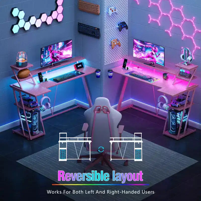 Pink 55 Inch L Shaped Gaming Desk Storage Shelves Monitor Stand Corner Computer Workstation Home Office Study Writing Table for Teen Girls Game Room
