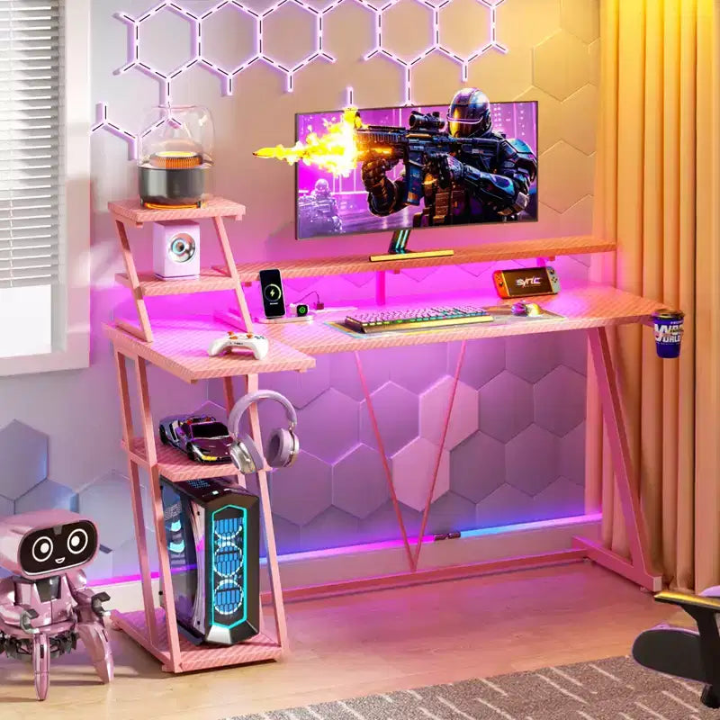 Pink 55 Inch L Shaped Gaming Desk Storage Shelves Monitor Stand Corner Computer Workstation Home Office Study Writing Table for Teen Girls Game Room