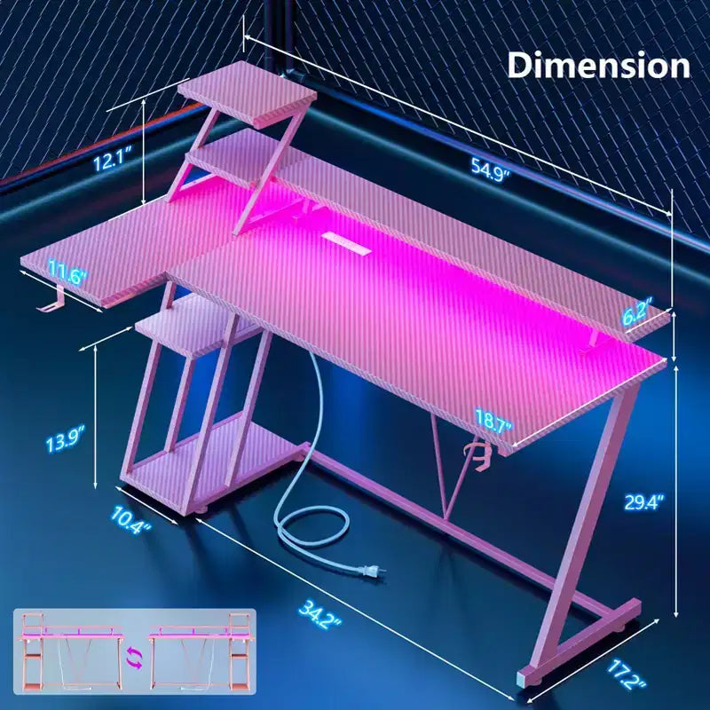 Pink 55 Inch L Shaped Gaming Desk Storage Shelves Monitor Stand Corner Computer Workstation Home Office Study Writing Table for Teen Girls Game Room