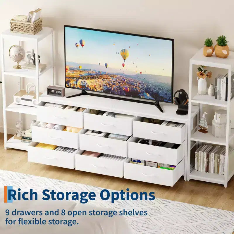Industrial TV Stand Dresser - 9 Fabric Drawers & 2 Four-Tier Storage Shelves - Fits TVs Up to 75 Inches - Large Media Console