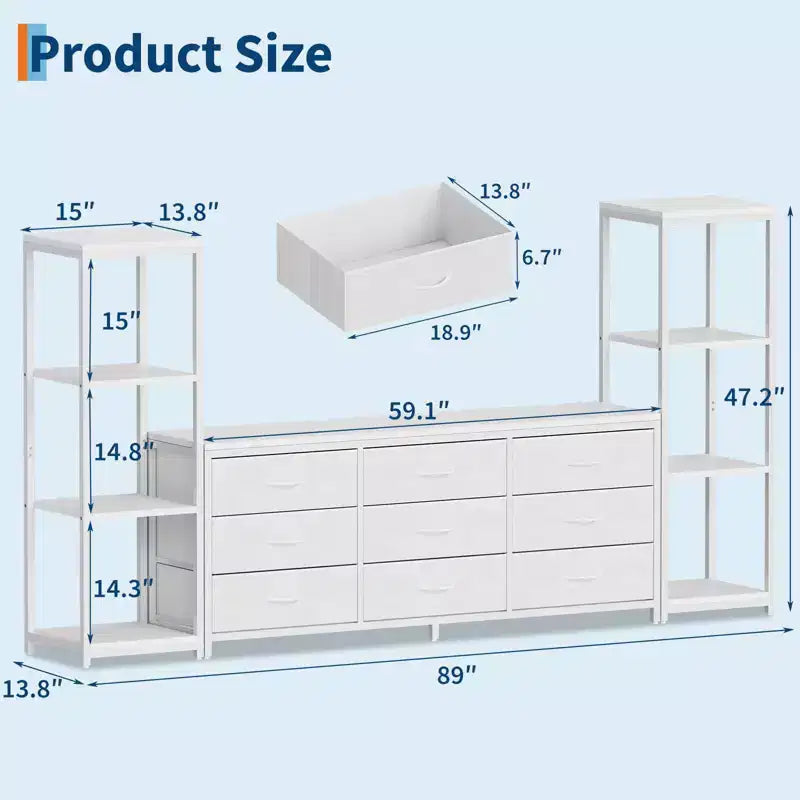 Industrial TV Stand Dresser - 9 Fabric Drawers & 2 Four-Tier Storage Shelves - Fits TVs Up to 75 Inches - Large Media Console