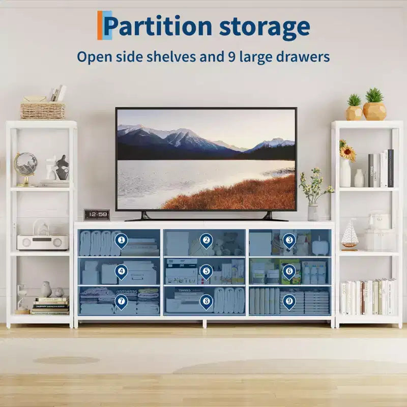 Industrial TV Stand Dresser - 9 Fabric Drawers & 2 Four-Tier Storage Shelves - Fits TVs Up to 75 Inches - Large Media Console
