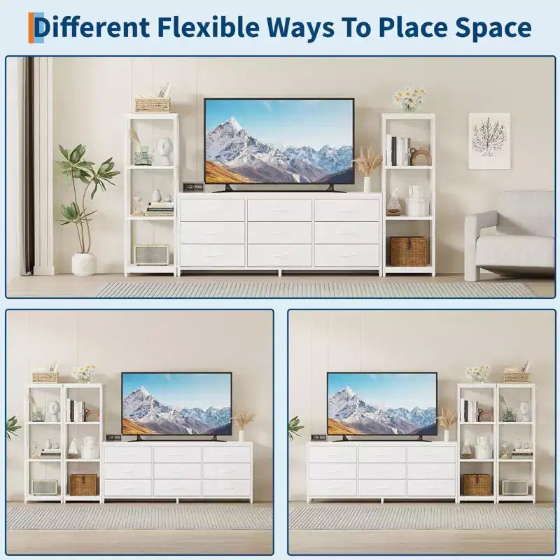 Industrial TV Stand Dresser - 9 Fabric Drawers & 2 Four-Tier Storage Shelves - Fits TVs Up to 75 Inches - Large Media Console