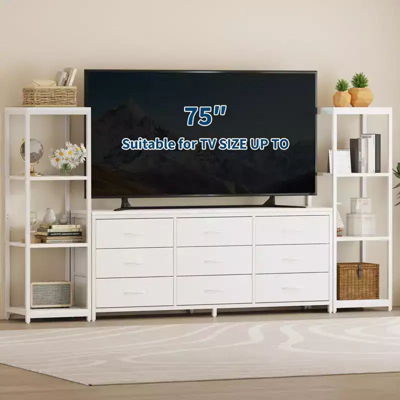 Industrial TV Stand Dresser - 9 Fabric Drawers & 2 Four-Tier Storage Shelves - Fits TVs Up to 75 Inches - Large Media Console