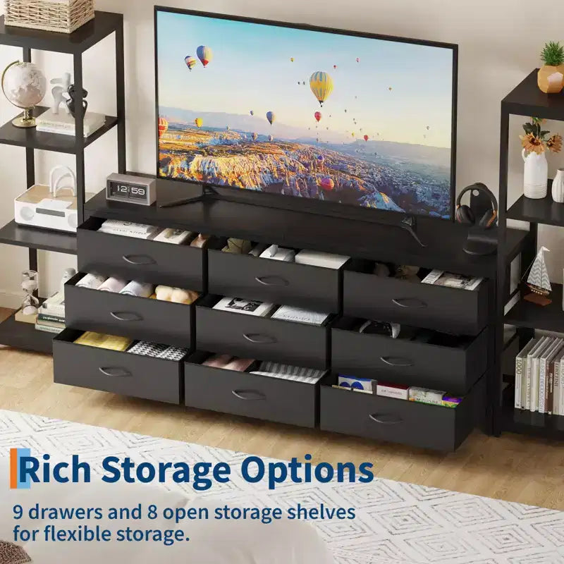 Industrial TV Stand Dresser - 9 Fabric Drawers & 2 Four-Tier Storage Shelves - Fits TVs Up to 75 Inches - Large Media Console