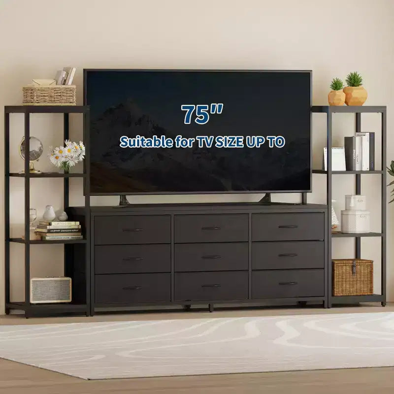 Industrial TV Stand Dresser - 9 Fabric Drawers & 2 Four-Tier Storage Shelves - Fits TVs Up to 75 Inches - Large Media Console