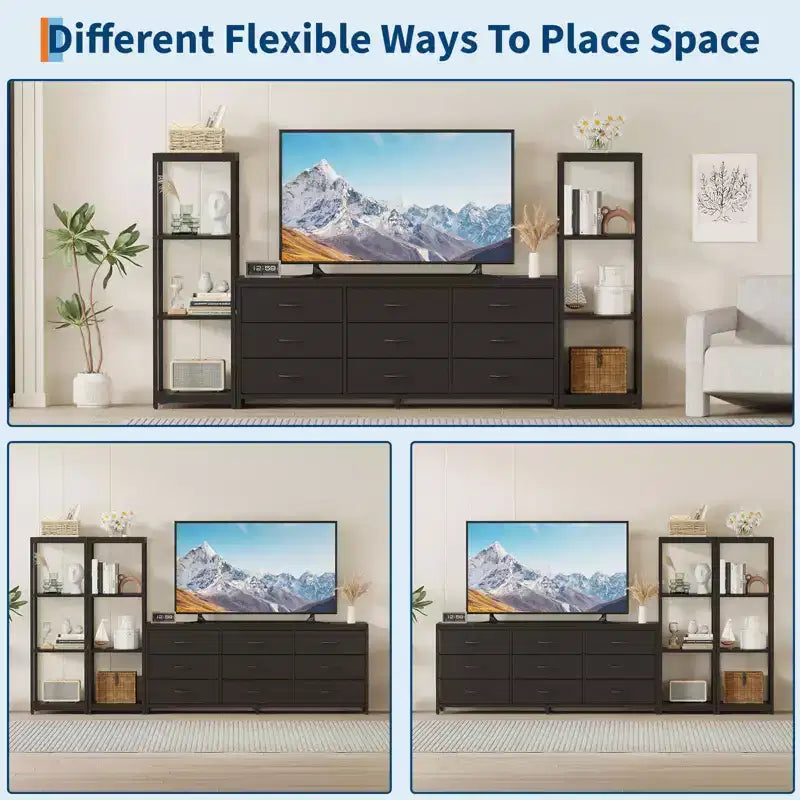Industrial TV Stand Dresser - 9 Fabric Drawers & 2 Four-Tier Storage Shelves - Fits TVs Up to 75 Inches - Large Media Console