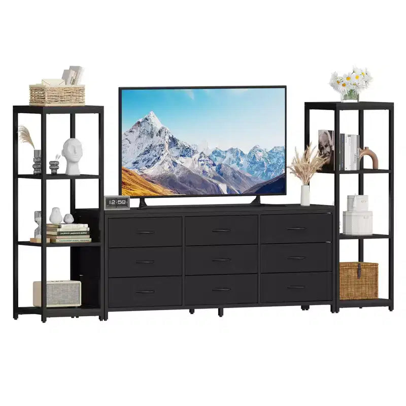 Industrial TV Stand Dresser - 9 Fabric Drawers & 2 Four-Tier Storage Shelves - Fits TVs Up to 75 Inches - Large Media Console