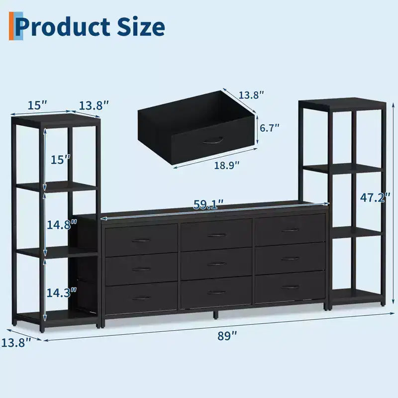 Industrial TV Stand Dresser - 9 Fabric Drawers & 2 Four-Tier Storage Shelves - Fits TVs Up to 75 Inches - Large Media Console