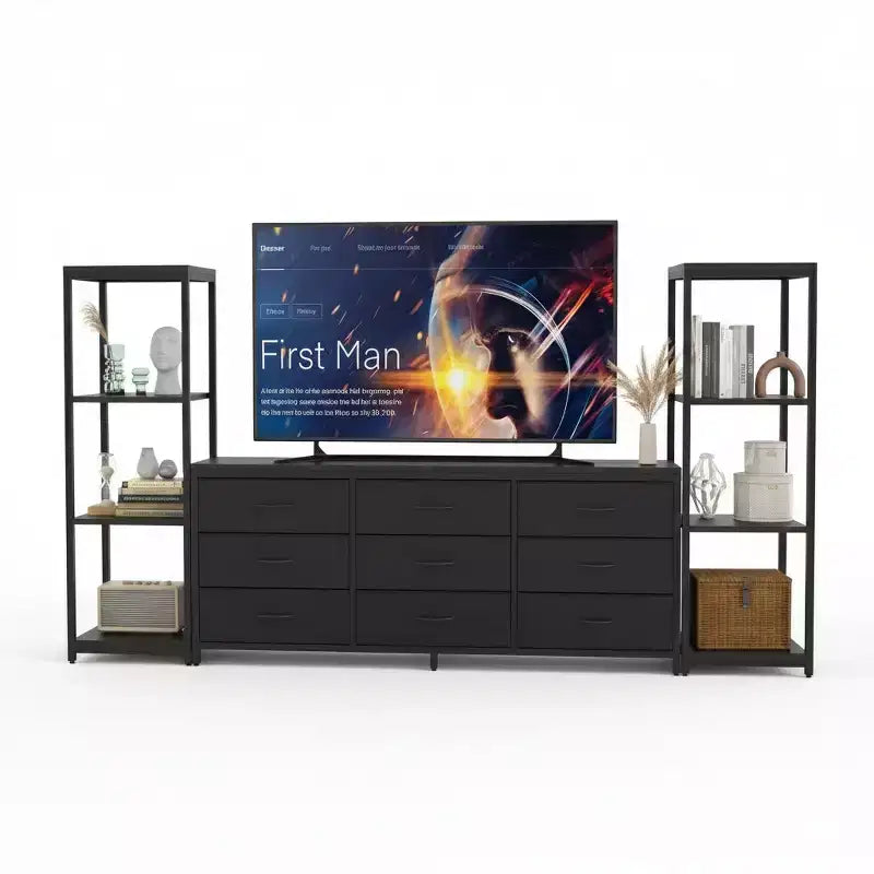 Industrial TV Stand Dresser - 9 Fabric Drawers & 2 Four-Tier Storage Shelves - Fits TVs Up to 75 Inches - Large Media Console