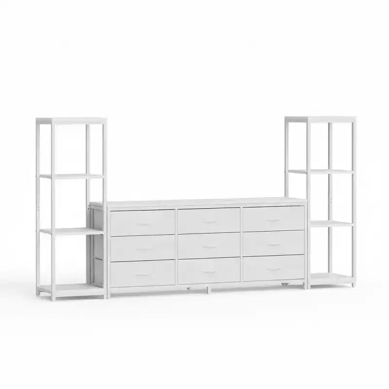 Industrial TV Stand Dresser - 9 Fabric Drawers & 2 Four-Tier Storage Shelves - Fits TVs Up to 75 Inches - Large Media Console