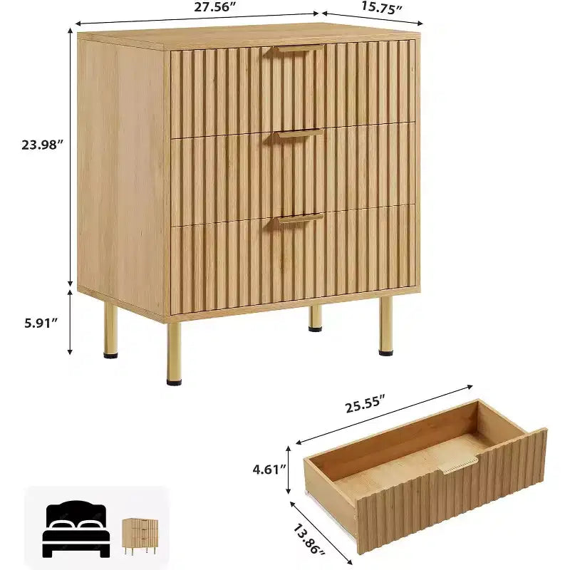 Modern 3 Drawer Dresser - Wide Wooden Bedroom Chest - Deep Spacious Drawers, Sturdy Storage Cabinet, Bedside Table, Side Table