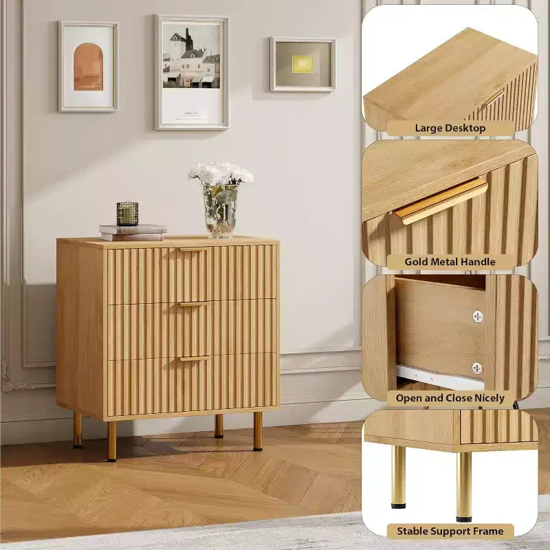 Modern 3 Drawer Dresser - Wide Wooden Bedroom Chest - Deep Spacious Drawers, Sturdy Storage Cabinet, Bedside Table, Side Table