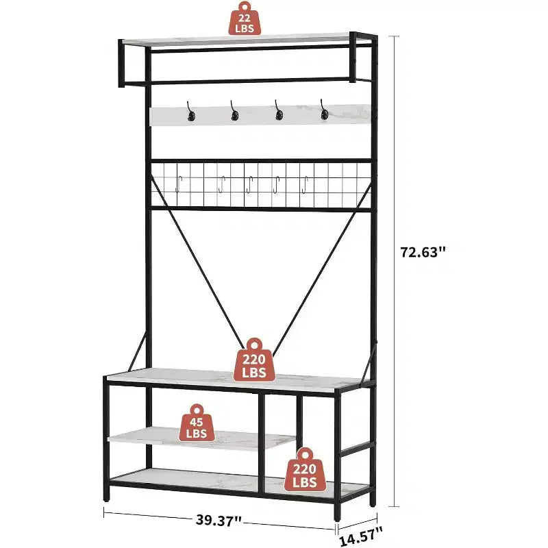 5-in-1 Hall Tree with Bench - Entryway Organizer w/ Adjustable Shelf, Shoe Storage, Hanging Rod & 9 Hooks, Elegant Ivory White Stand