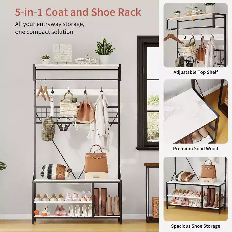 5-in-1 Hall Tree with Bench - Entryway Organizer w/ Adjustable Shelf, Shoe Storage, Hanging Rod & 9 Hooks, Elegant Ivory White Stand