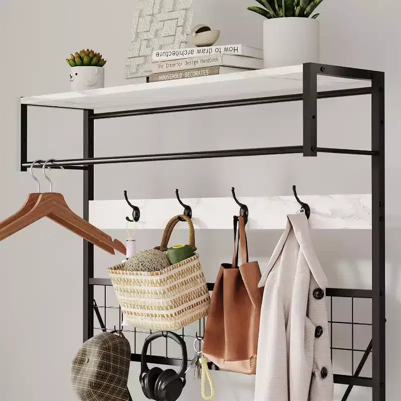5-in-1 Hall Tree with Bench - Entryway Organizer w/ Adjustable Shelf, Shoe Storage, Hanging Rod & 9 Hooks, Elegant Ivory White Stand