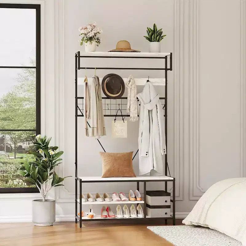 5-in-1 Hall Tree with Bench - Entryway Organizer w/ Adjustable Shelf, Shoe Storage, Hanging Rod & 9 Hooks, Elegant Ivory White Stand
