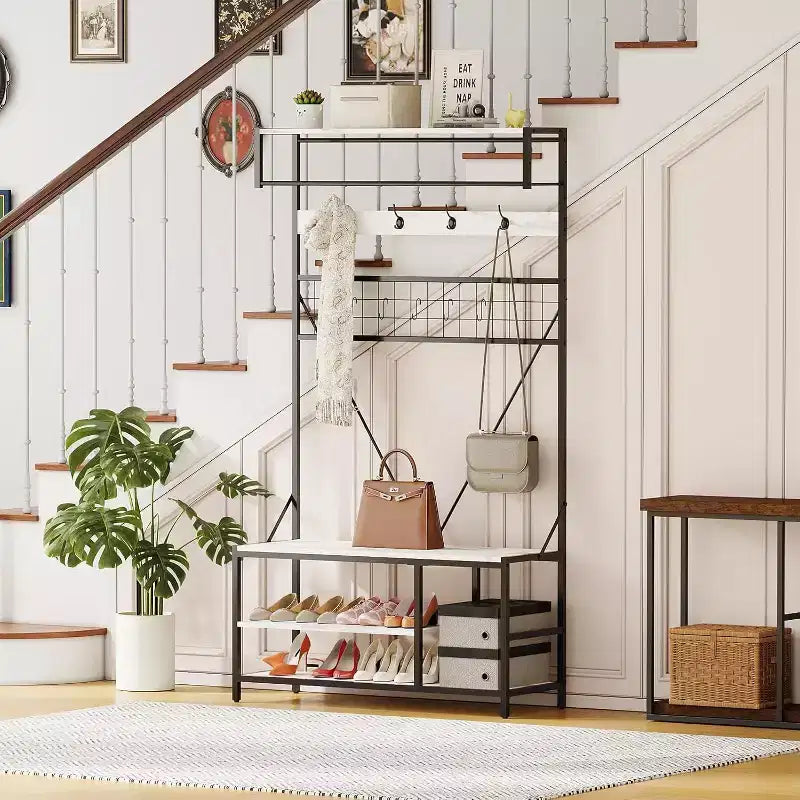 5-in-1 Hall Tree with Bench - Entryway Organizer w/ Adjustable Shelf, Shoe Storage, Hanging Rod & 9 Hooks, Elegant Ivory White Stand
