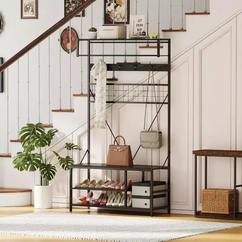 5-in-1 Hall Tree with Bench - Entryway Organizer w/ Adjustable Shelf, Shoe Storage, Hanging Rod & 9 Hooks, Elegant Ivory White Stand