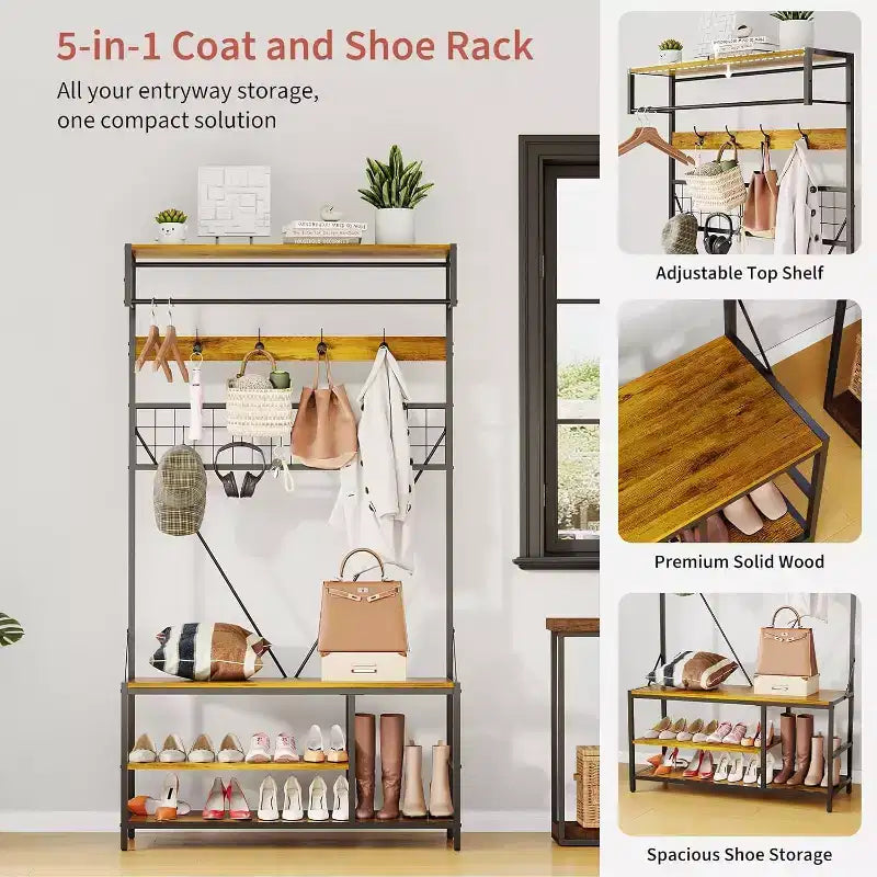 5-in-1 Hall Tree with Bench - Entryway Organizer w/ Adjustable Shelf, Shoe Storage, Hanging Rod & 9 Hooks, Elegant Ivory White Stand