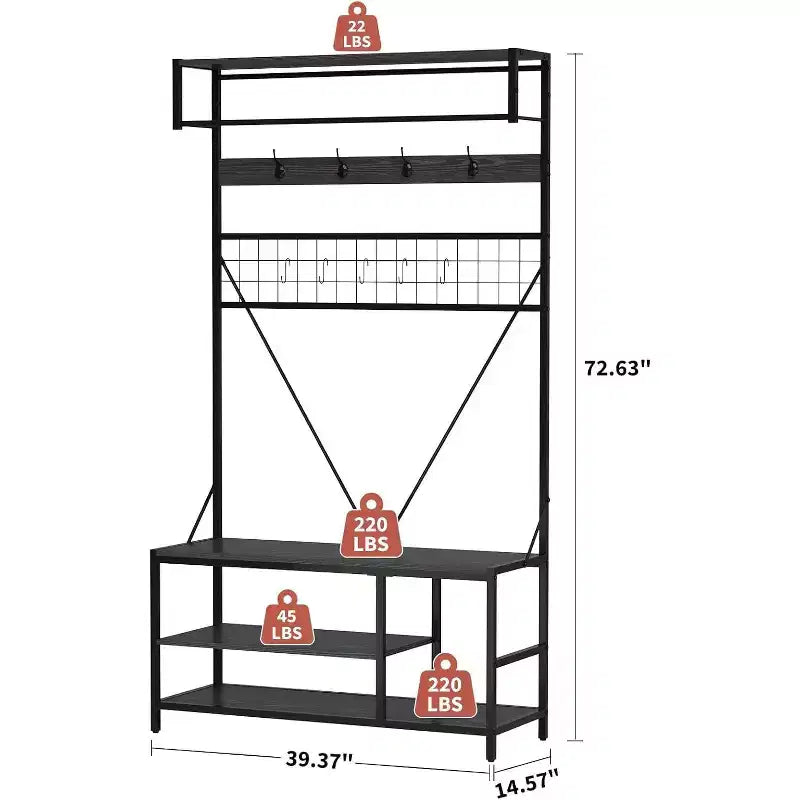 5-in-1 Hall Tree with Bench - Entryway Organizer w/ Adjustable Shelf, Shoe Storage, Hanging Rod & 9 Hooks, Elegant Ivory White Stand