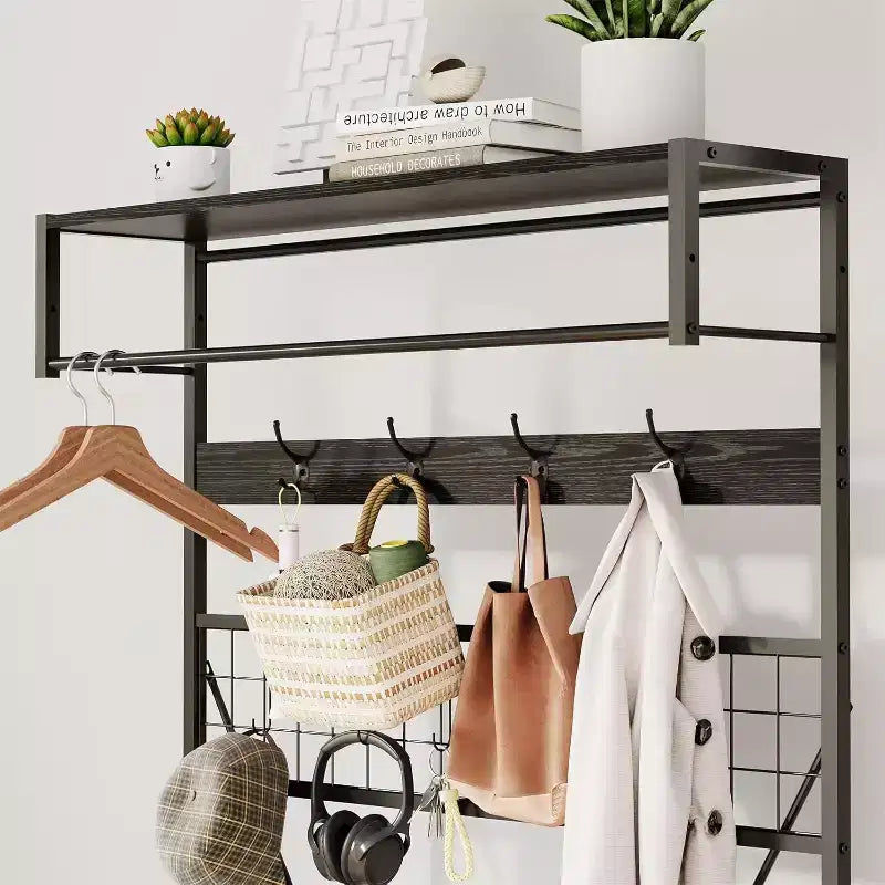 5-in-1 Hall Tree with Bench - Entryway Organizer w/ Adjustable Shelf, Shoe Storage, Hanging Rod & 9 Hooks, Elegant Ivory White Stand