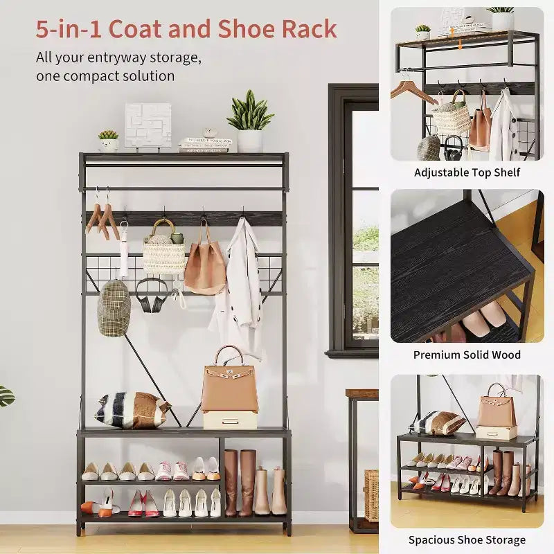 5-in-1 Hall Tree with Bench - Entryway Organizer w/ Adjustable Shelf, Shoe Storage, Hanging Rod & 9 Hooks, Elegant Ivory White Stand