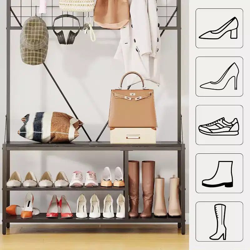5-in-1 Hall Tree with Bench - Entryway Organizer w/ Adjustable Shelf, Shoe Storage, Hanging Rod & 9 Hooks, Elegant Ivory White Stand