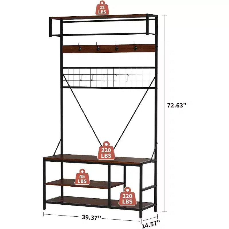 5-in-1 Hall Tree with Bench - Entryway Organizer w/ Adjustable Shelf, Shoe Storage, Hanging Rod & 9 Hooks, Elegant Ivory White Stand