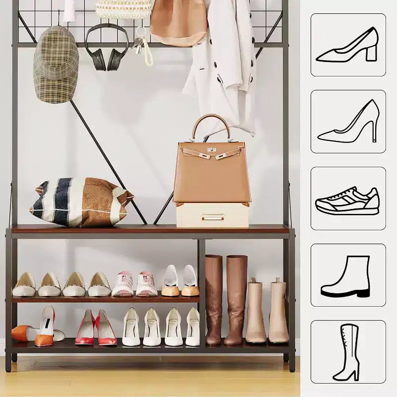 5-in-1 Hall Tree with Bench - Entryway Organizer w/ Adjustable Shelf, Shoe Storage, Hanging Rod & 9 Hooks, Elegant Ivory White Stand