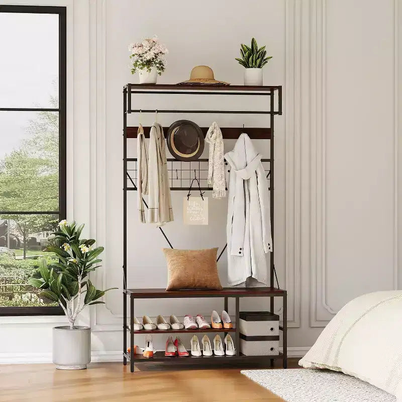 5-in-1 Hall Tree with Bench - Entryway Organizer w/ Adjustable Shelf, Shoe Storage, Hanging Rod & 9 Hooks, Elegant Ivory White Stand
