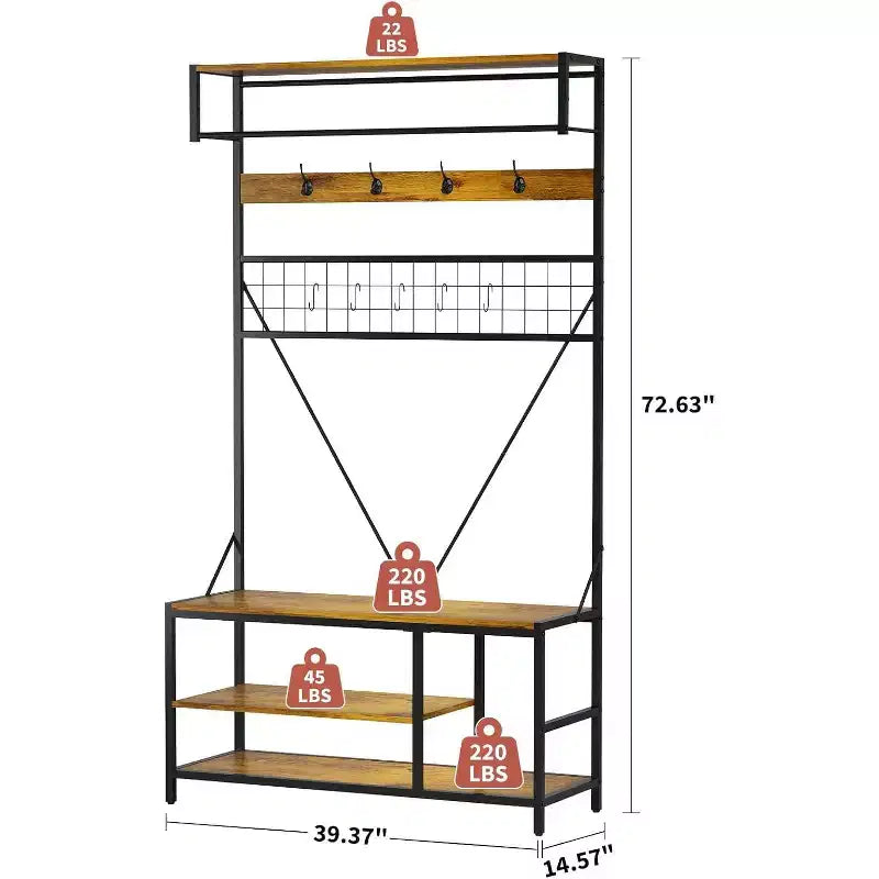 5-in-1 Hall Tree with Bench - Entryway Organizer w/ Adjustable Shelf, Shoe Storage, Hanging Rod & 9 Hooks, Elegant Ivory White Stand