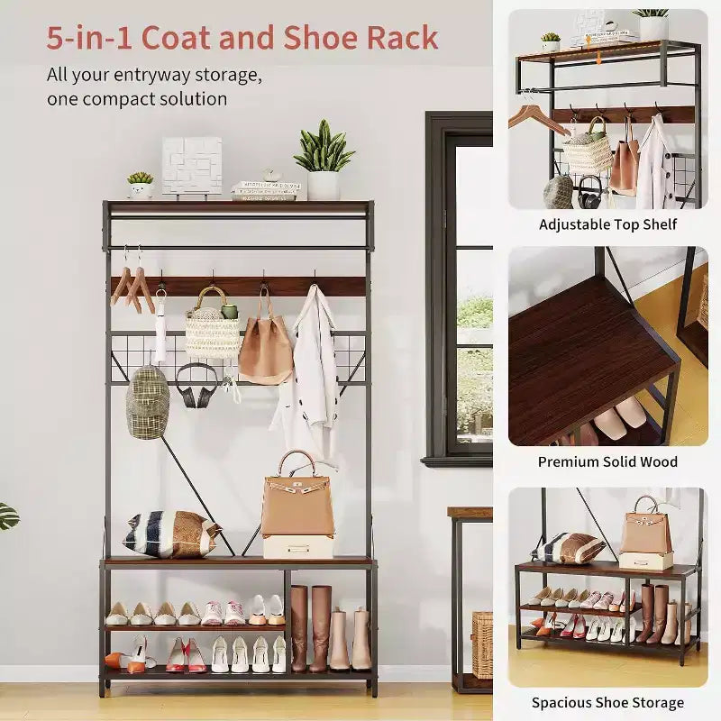 5-in-1 Hall Tree with Bench - Entryway Organizer w/ Adjustable Shelf, Shoe Storage, Hanging Rod & 9 Hooks, Elegant Ivory White Stand
