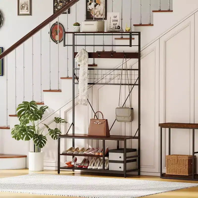 5-in-1 Hall Tree with Bench - Entryway Organizer w/ Adjustable Shelf, Shoe Storage, Hanging Rod & 9 Hooks, Elegant Ivory White Stand