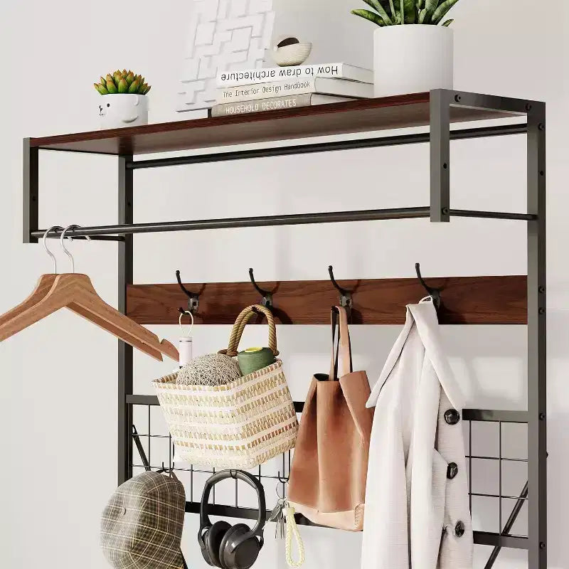 5-in-1 Hall Tree with Bench - Entryway Organizer w/ Adjustable Shelf, Shoe Storage, Hanging Rod & 9 Hooks, Elegant Ivory White Stand
