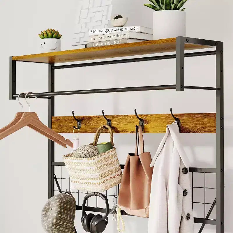5-in-1 Hall Tree with Bench - Entryway Organizer w/ Adjustable Shelf, Shoe Storage, Hanging Rod & 9 Hooks, Elegant Ivory White Stand