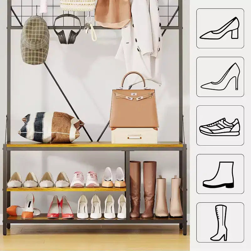5-in-1 Hall Tree with Bench - Entryway Organizer w/ Adjustable Shelf, Shoe Storage, Hanging Rod & 9 Hooks, Elegant Ivory White Stand
