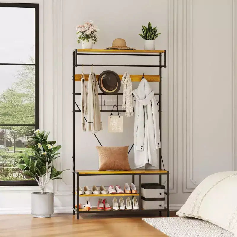 5-in-1 Hall Tree with Bench - Entryway Organizer w/ Adjustable Shelf, Shoe Storage, Hanging Rod & 9 Hooks, Elegant Ivory White Stand